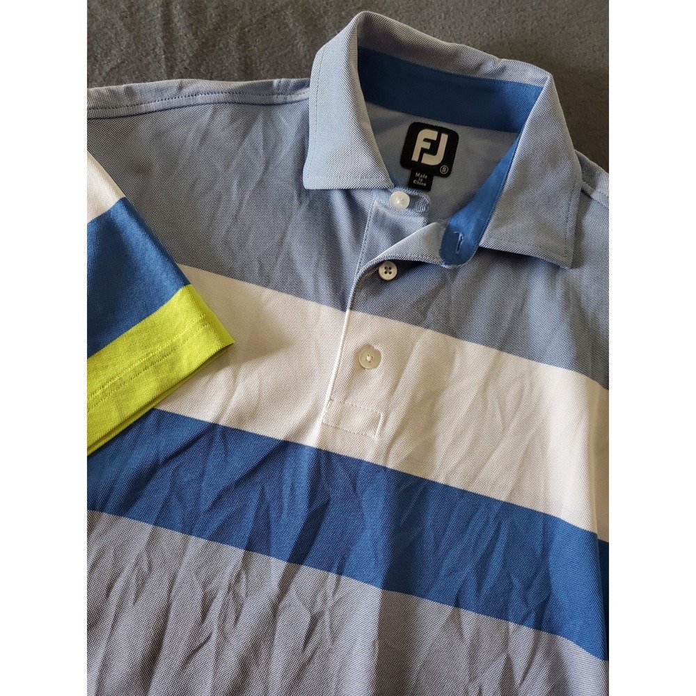 Footjoy Mens Polo  White Blue Lime Green Striped Golf Short Sleeve Size Small